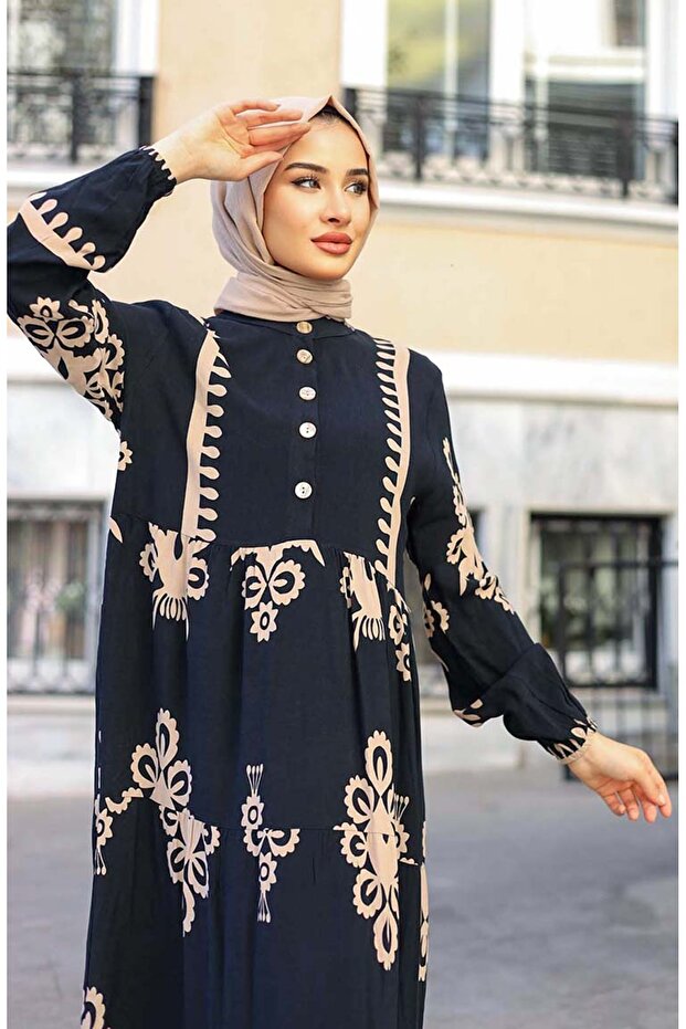 فستان منقوش باللون الأسود - موديل 4100-07 - 4