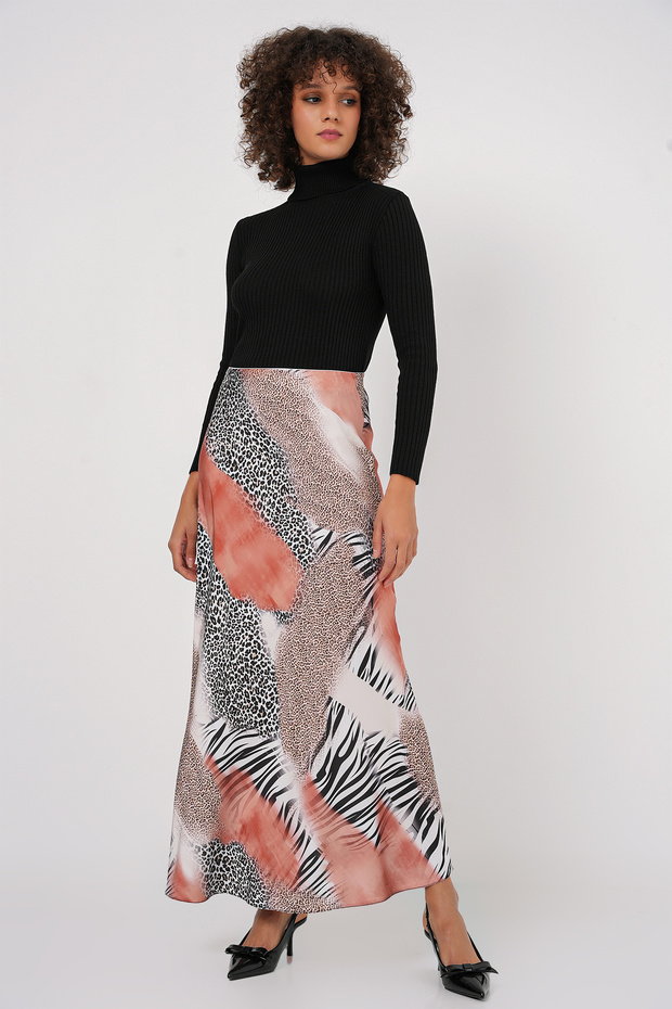 Women's Patterned Satin Skirt 15877 - Orange