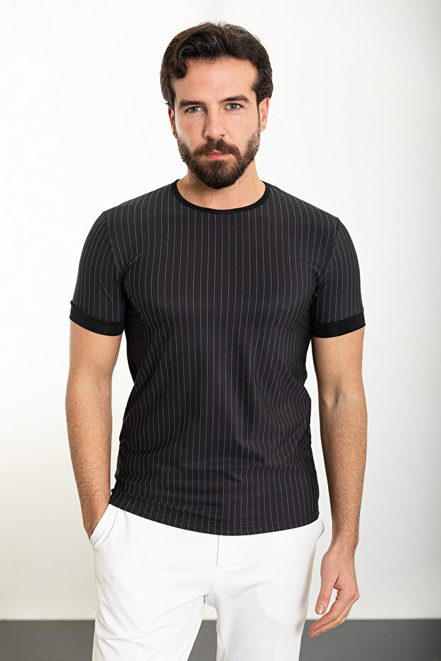 Striped Slim Fit Crew Neck Men's T-Shirt Black - 36820.24Y