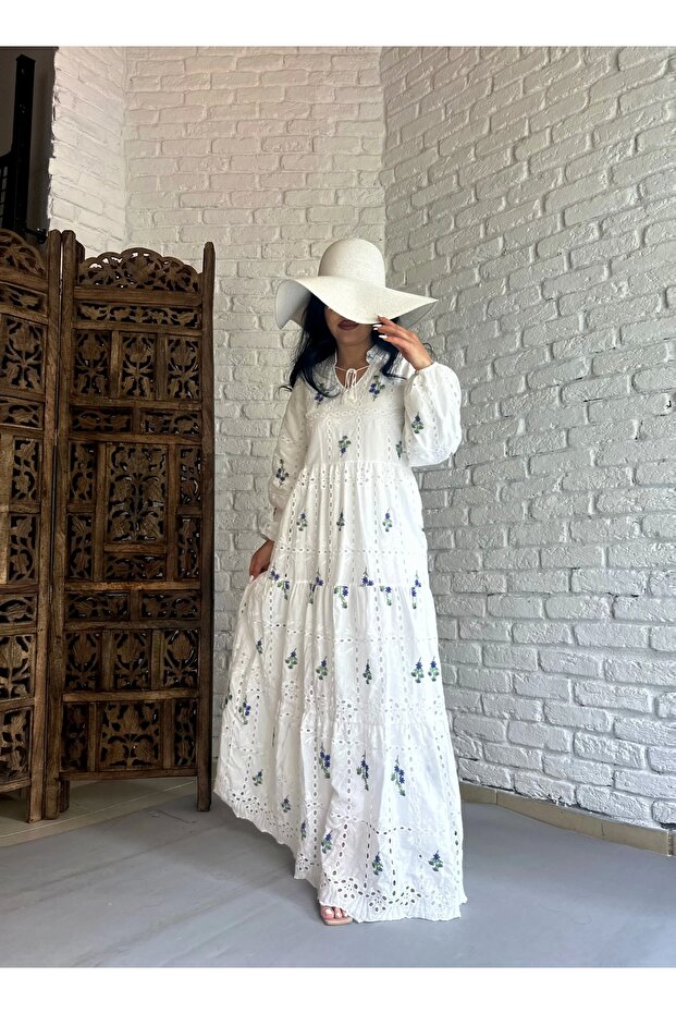 Women's White Floral Patterned Long Scallop Dress
