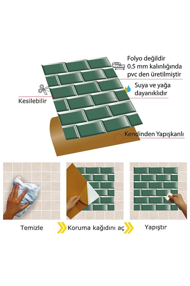 Kendinden Yapışkanlı Zümrüt Metro Desenli Pvc Karo 30x30 Cm (4 ADET) 0,36 M2 - 3