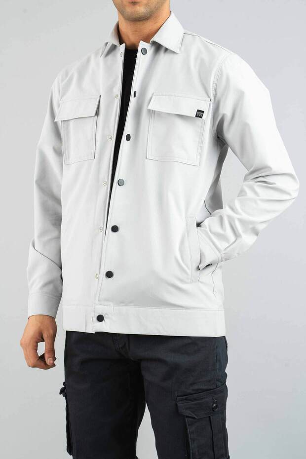 Men's Shirt Gray Parachute Fabric Relaxed Fit Seasonal Snap Closure Flap Side Pocket Coat