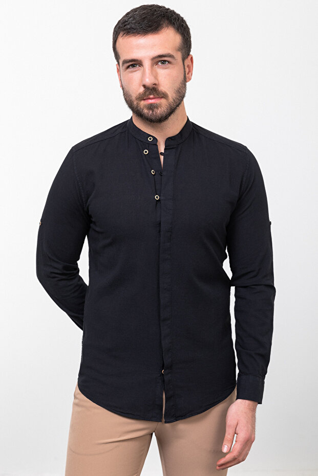 Patterned Slim Fit Judge Collar Long Sleeve Linen Men's Shirt Black - 37780.23Y