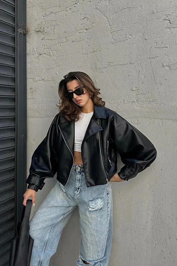 Velisse Oversized Women's Black Balloon Sleeve Bomber Leather Jacket