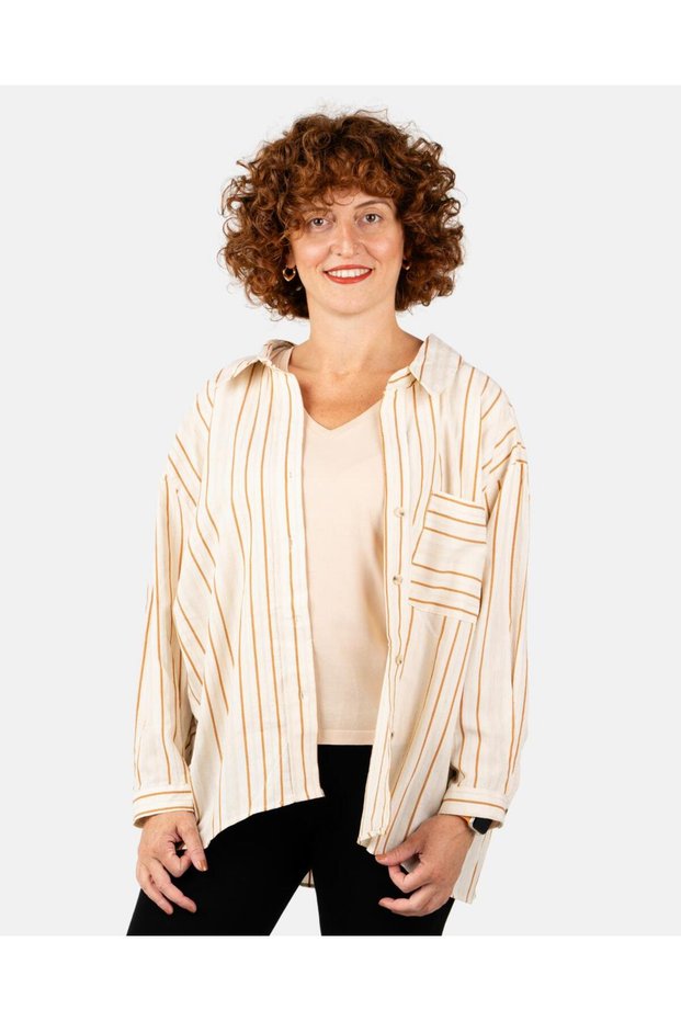 Ecru Striped Linen Textured Oversized Women's Shirt with Pockets