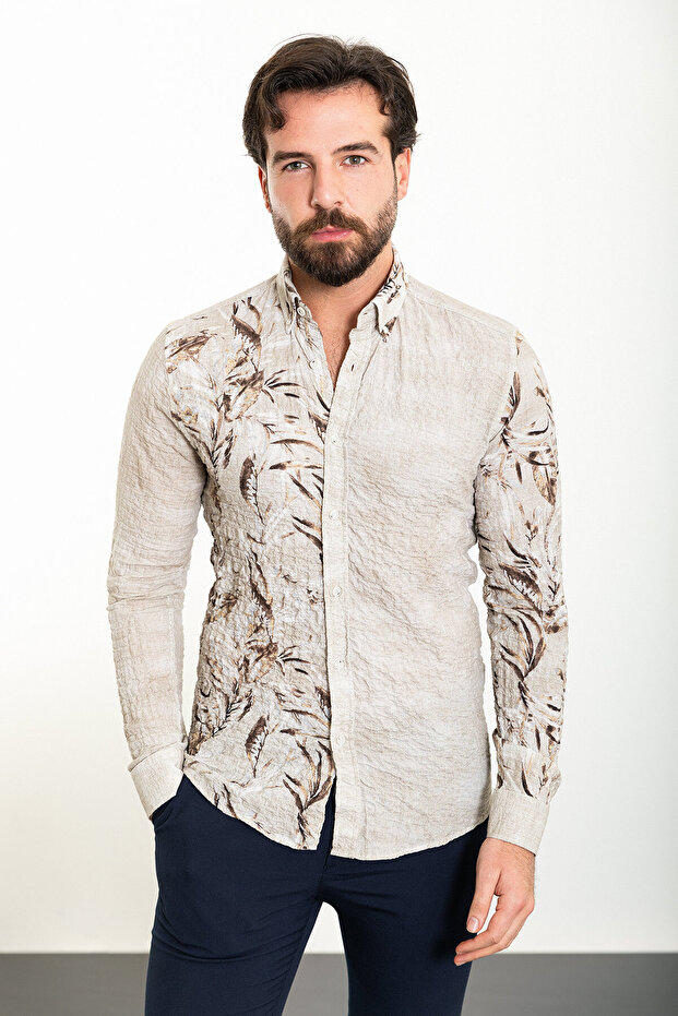 Leaf Patterned Slim Fit Long Sleeve Seersucker Men's Shirt Beige - 37886.24Y