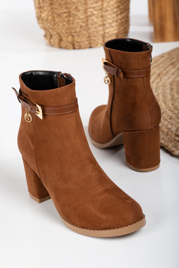 Stylish Women's Boots with Tan Suede Accessories, Gold Buckle, 7 cm Heel and Zipper