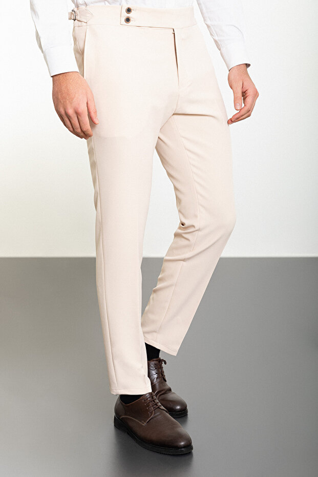 Straight Super Slim Fit Belted Men's Trousers Stone - 38138.23Y