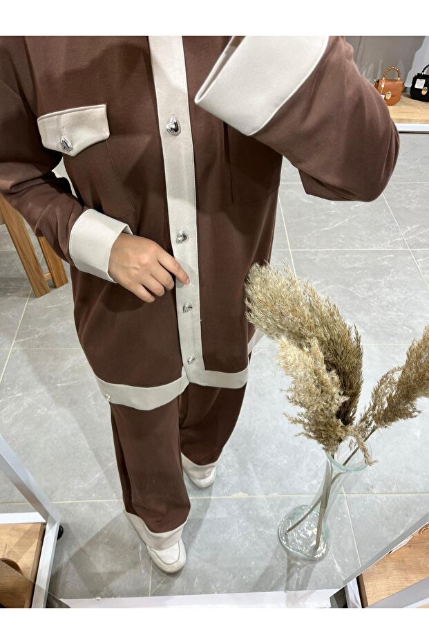 10078-1 Model Brown Color Button Detailed Trousers Set