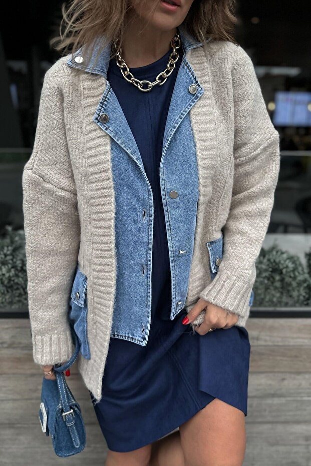 Women's Denim Garnished Large Pocket Oversize Cardigan T94121