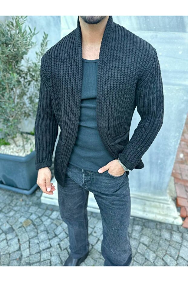 Cardigan Thick Knitted Shawl Collar Pocket Poncho Knitwear Cardigan Without Closure