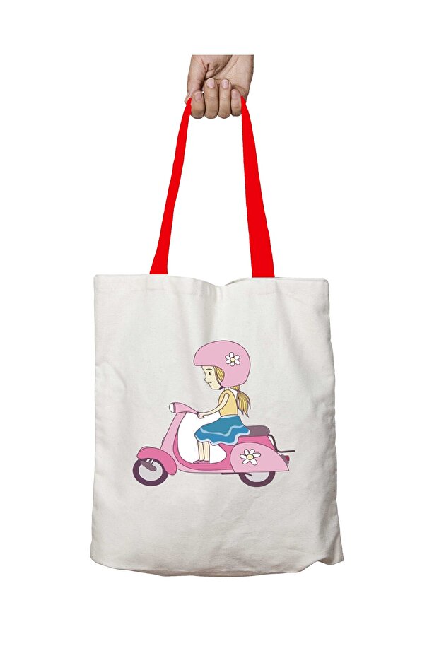 Red Handle Vespa Biker Girl Washable Shoulder Bag