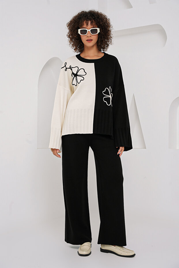 15904 Oversize Triko Kazak Pantolon İkili Takım - Siyah - 1