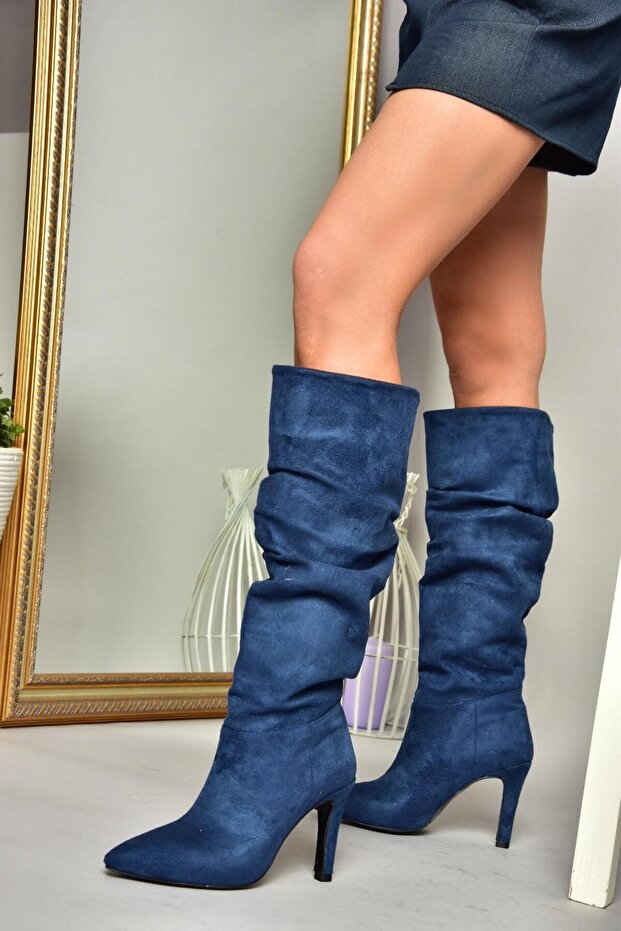 L 404868002 Granatowe zamszowe buty damskie na cienkim obcasie - 1