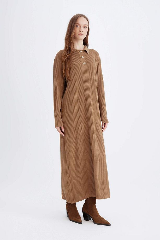 Dfm - Regular Fit Polo Yaka Basic Düz Maxi Triko Elbise - 2
