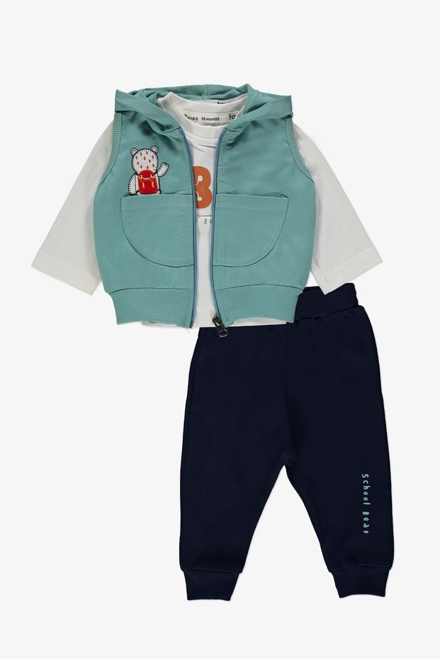 School Bear Pocketed Baby Boy 2-Thread Vest Set Mnk14140 Mint Green