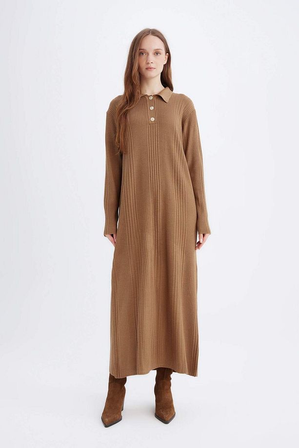Dfm - Regular Fit Polo Yaka Basic Düz Maxi Triko Elbise - 1