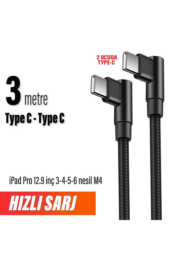iPad Pro 12.9 inç 3 - 4 - 5 - 6 nesil Şarj Kablosu Uzun 3 metre Type C to Type C Hızlı Şarj Kablo 3m - 1