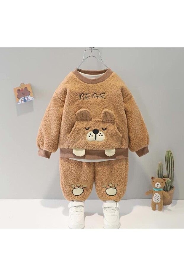 Patterned Children's Plush Set Mnk0435 Brown