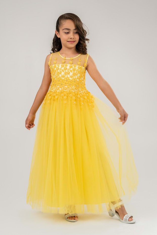 Guipure Model Wedding Dress Children's Sleeveless Evening Dress Mnk0469 Yellow