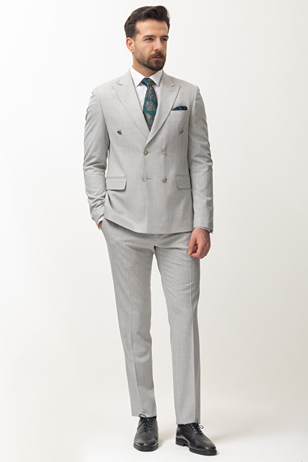 Duz Slim Fit Swallow Collar Double Breasted Men's Suit Light Gray - 40841.22Y