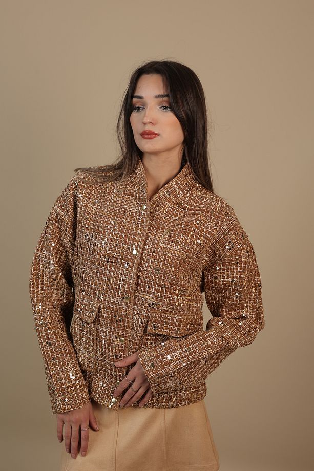 Pullu  Kahve Gold Ceket Mont - 5