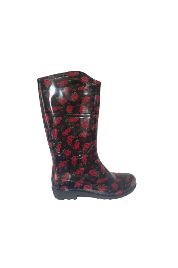 Women's Black Red Floral 35 cm Long Garden Rain Boots Emkk309-210