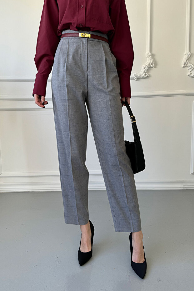 Plaid Pattern Carrot Trousers - Gray