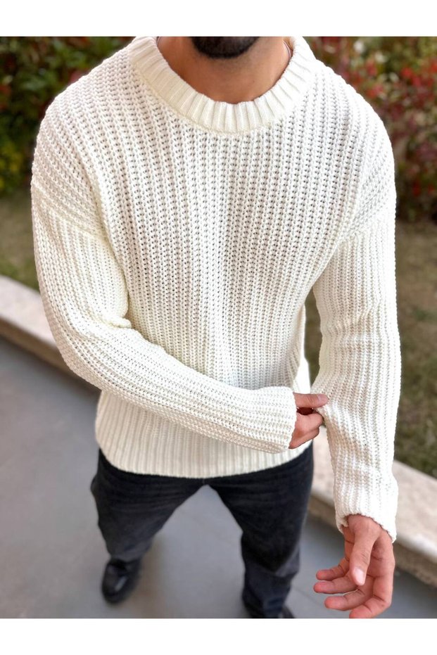 Crew Neck Oversize Double Layer Chain Knit Natural Cotton Loose Cut Non Pilling Knitted Knitwear Sweater