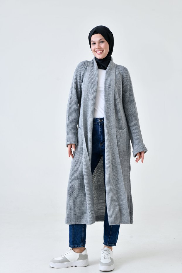Women's Knitwear Fabric Double Pocket Detailed Shawl Collar Long Gray Hijab Clothing Cardigan 5001