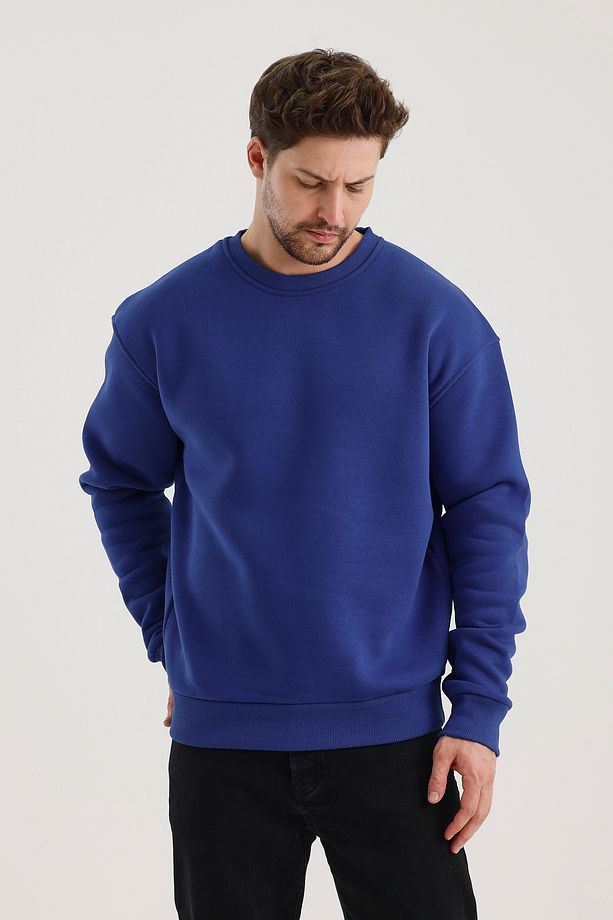 Saks Pamuklu Bisiklet Yaka Oversize Şardonlu Basic Erkek Sweatshirt - 5