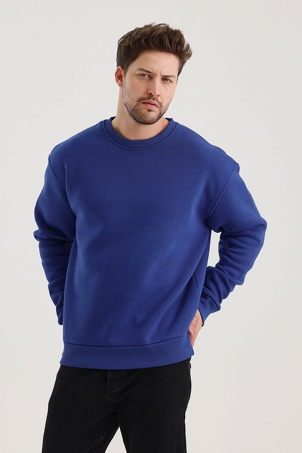 Saks Pamuklu Bisiklet Yaka Oversize Şardonlu Basic Erkek Sweatshirt - 4