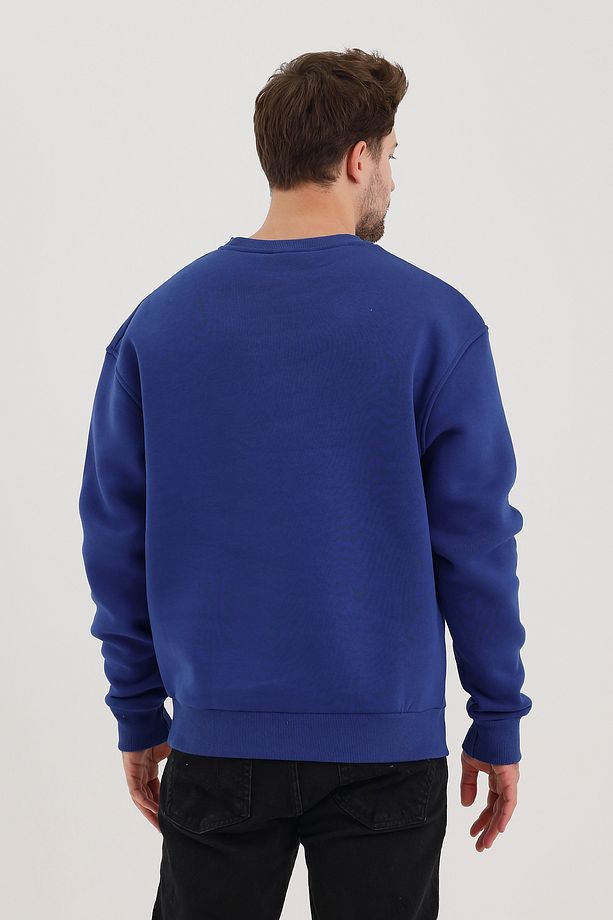 Saks Pamuklu Bisiklet Yaka Oversize Şardonlu Basic Erkek Sweatshirt - 8