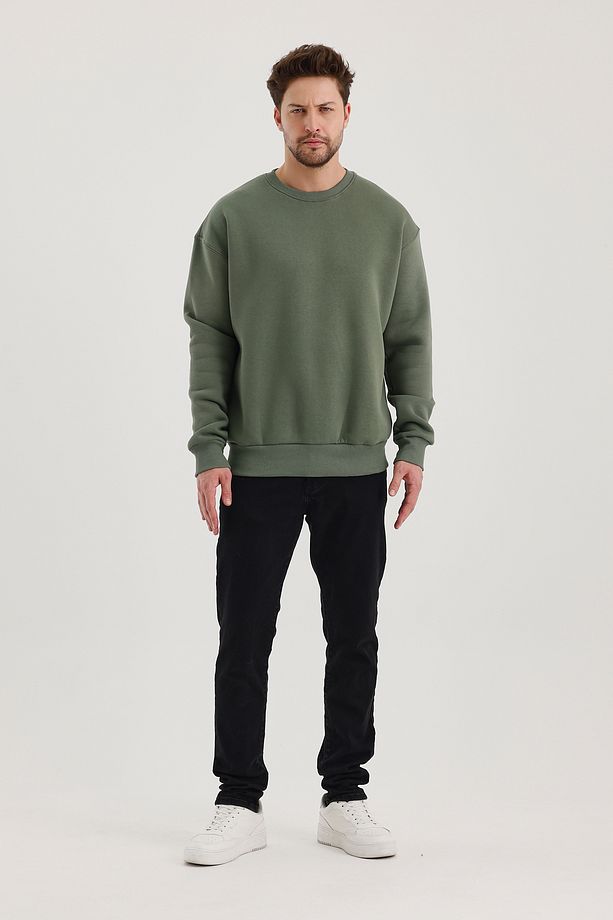 Haki Bisiklet Yaka Oversize Şardonlu Basic Erkek Sweatshirt - 7