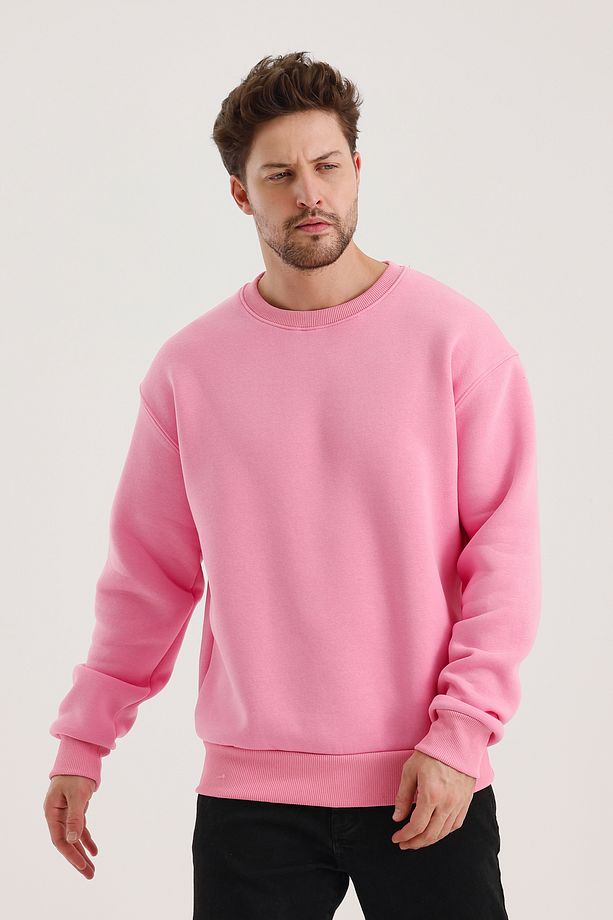 Pembe Bisiklet Yaka Oversize Şardonlu Basic Erkek Sweatshirt - 1
