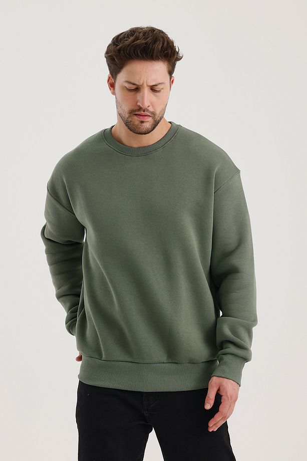 Haki Bisiklet Yaka Oversize Şardonlu Basic Erkek Sweatshirt - 2