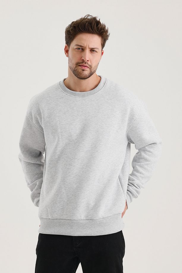 Grimelanj Pamuklu Bisiklet Yaka Oversize Şardonlu Basic Erkek Sweatshirt - 6
