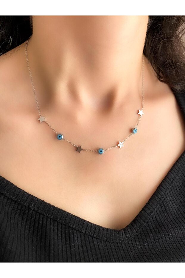 Women's Steel Necklace Plain Chain Row Star Evil Eye Bead Necklace
