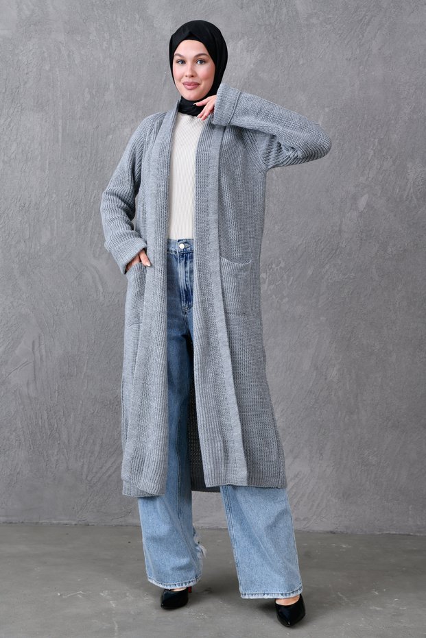 Gray Knitwear Fabric Double Pocket Shawl Collar Long Hijab Clothing Cardigan 5001