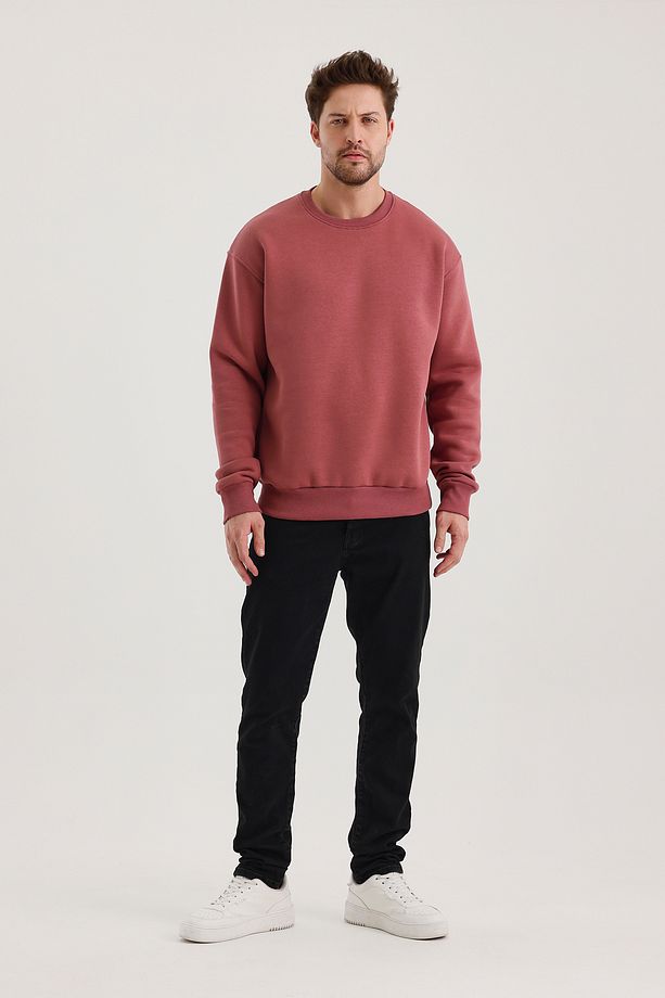 Gül Kurusu Bisiklet Yaka Oversize Şardonlu Basic Erkek Sweatshirt - 5