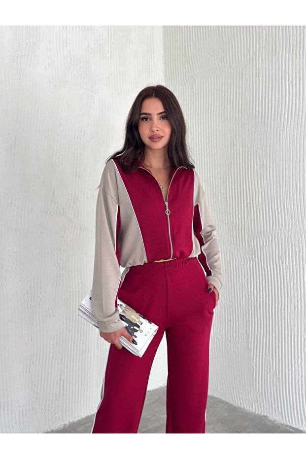 WOMEN'S TREND TRACKSUIT SET, STAND COLLAR, ZIPPERED, WIDE-LEG, SIDE-STRIPED, AYSHO MODEL