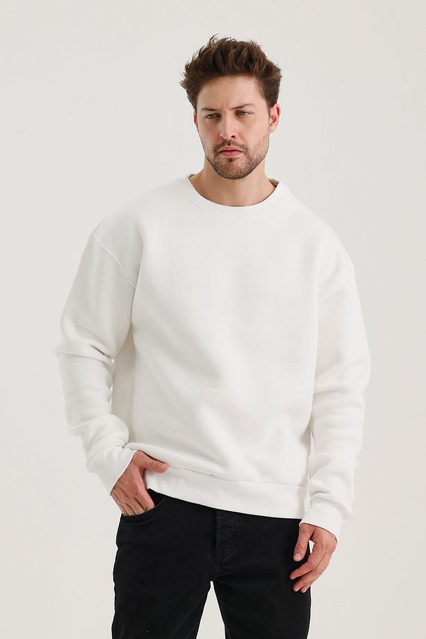 Ekru Bisiklet Yaka Oversize Şardonlu Basic Erkek Sweatshirt - 6