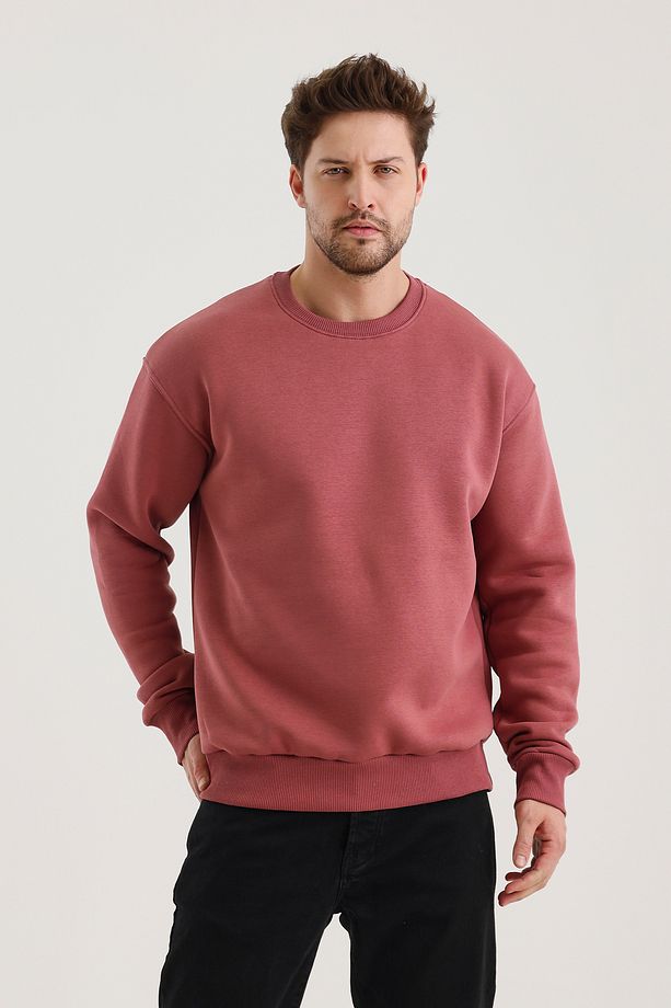 Gül Kurusu Bisiklet Yaka Oversize Şardonlu Basic Erkek Sweatshirt - 7
