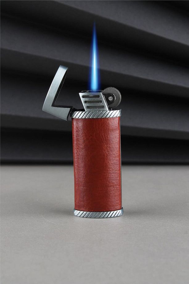 Suni Deri Kaplama Özel Tasarım Kapaklı Güçlü Torch Kahverengi Gazlı Çakmak Caksm026t - 1