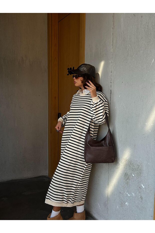 Women's Black Striped 3 Thread Rasterless Long Oversize Dress 28288