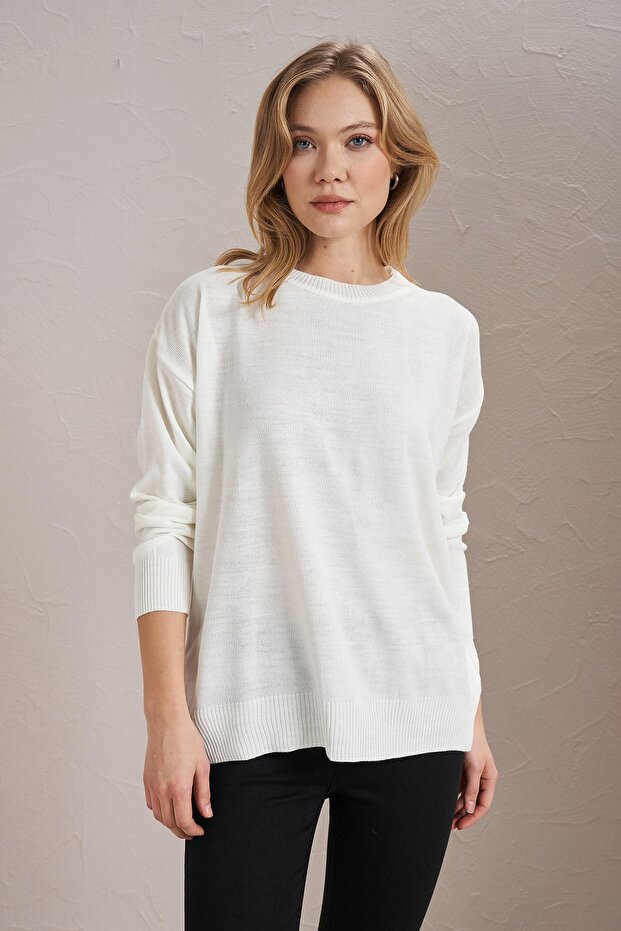 Kadın Ekru Bisiklet Yaka Basic Triko Kazak - 2