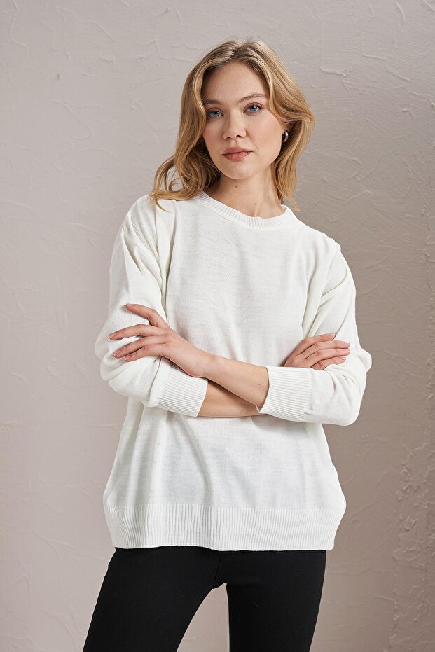 Kadın Ekru Bisiklet Yaka Basic Triko Kazak - 1