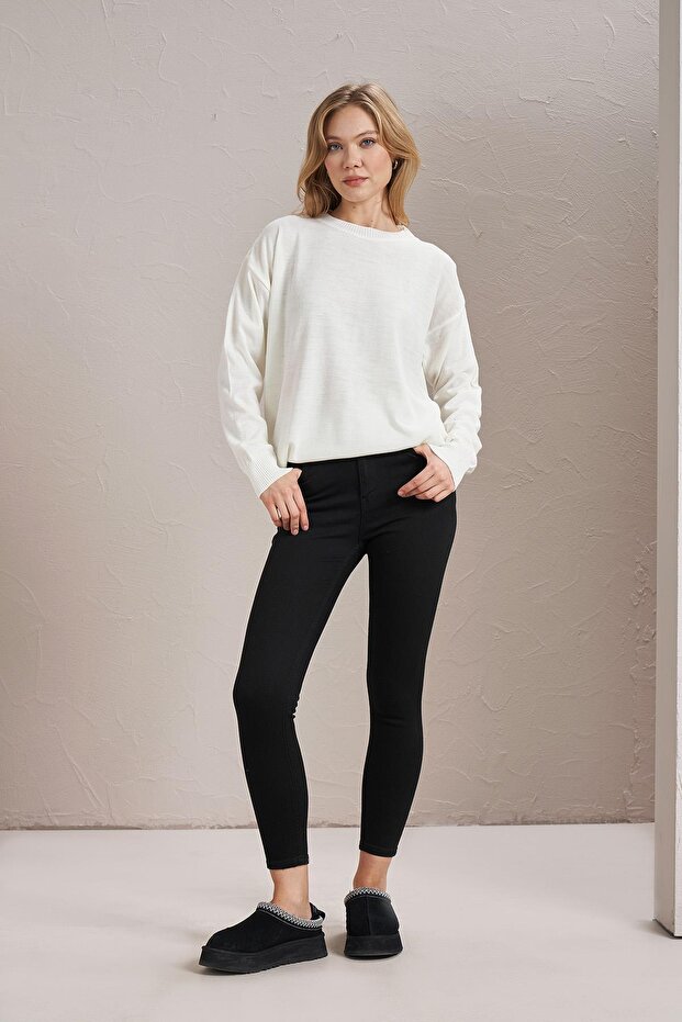 Kadın Ekru Bisiklet Yaka Basic Triko Kazak - 4