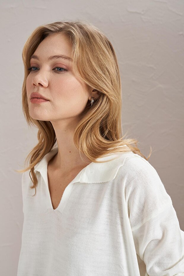 Kadın Ekru Gömlek Yaka Basic Triko Kazak - 3