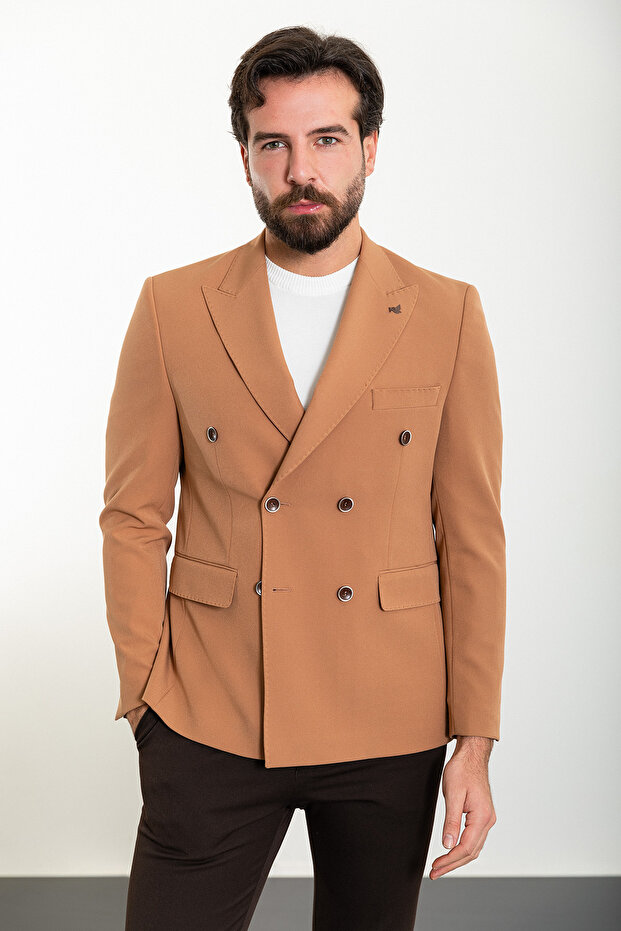 Straight Slim Fit Wide Collar Double Breasted Men's Jacket Dark Beige - 40363.24Y